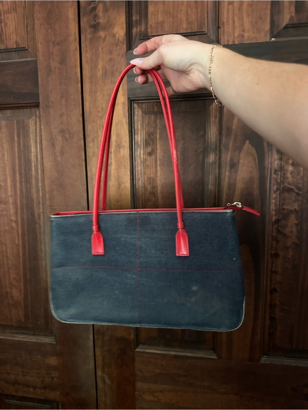 Classic Navy and Red Shoulder Tote Bag - Unbranded